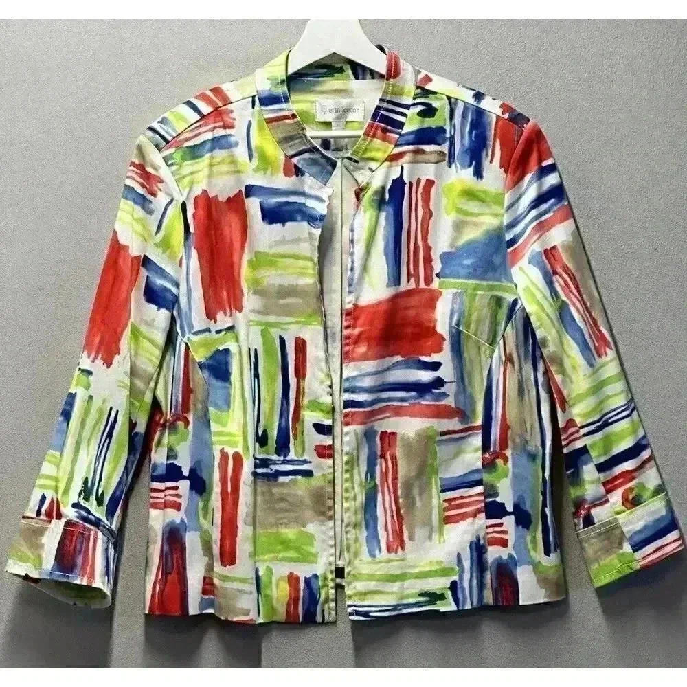 Vintage ERIN LONDON Women's Sz XL Rainbow Water Color Open Front Cardigan Jacket